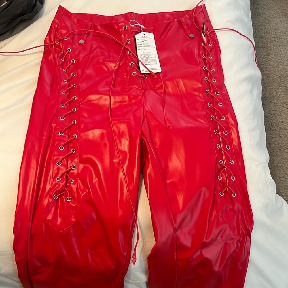 Red Lace Up PU Leather Pants